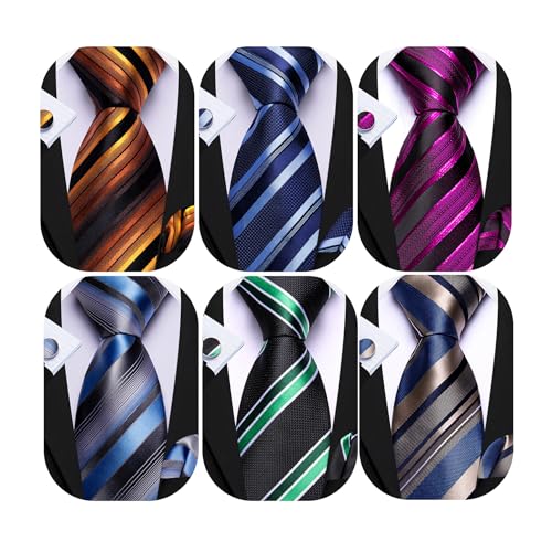 Image of Barry.Wang 6 PCS Men Ties Set Silk Business Fashion Woven Necktie Handkerchief Cufflinks Paisley Stripe Wedding Party