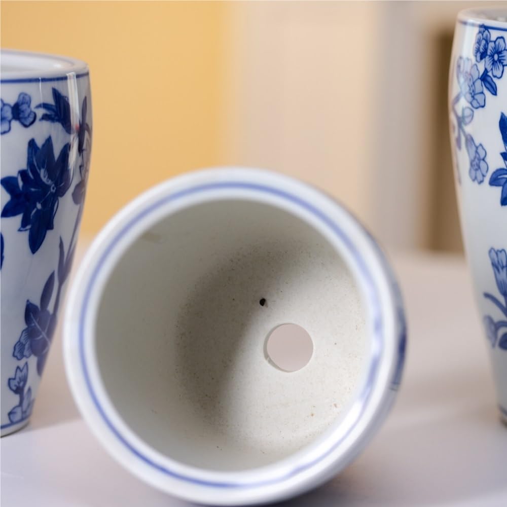 Vaso da fiori in ceramica porcellana blu e bianca, piccola fioriera a motivi floreali con fori di drenaggio, ornamento for balcone da tavolo for interni ed esterni