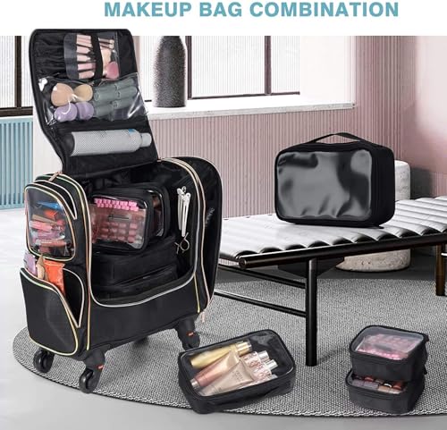 Image of SHAMAX Professional Rolling Makeup Case, Cosmetic Organizer Bag, Manicure Pedicure Vanity Locks, Trolley for Hairdressers, Salons, Beauty Lovers, MUA 360 Universal Wheels (Y29)