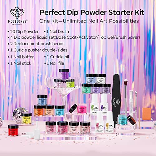 Modelones 32 Pcs Dip Powder Nail Kit Starter, 20 Colors Hot Pink Neon Glitter Spring Summer Easter Dipping Powder System Essential Liquid Set With Base Top Coat Activator For French Nail Art Manicure Diy Salon Gift All-In-One Beginner Kit #TOP5