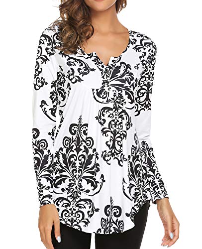Blusa túnica feminina estampa Paisley manga comprida gola V plissada casual flare, Preto, Large