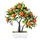 Material superior: nuestro mini árbol frutal en maceta está hecho de material a prueba de polvo y respetuoso con el medio ambiente, las frutas están hechas de espuma blanca y pintadas en colores brillantes, no tóxico e inodoro, fácil de limpiar, realista y duradero. Los colores brillantes amarillos y verdes te traerán hermosas bendiciones navideñas.