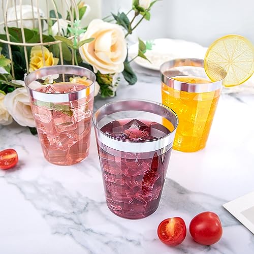 Image of DaYammi 200 Pack Silver Plastic Cups 10 Oz Clear Plastic Cups Silver Rimmed Disposable Wine Glasses Heavy Duty Disposable Tumblers Drinking Cocktail Glasses for Party Wedding