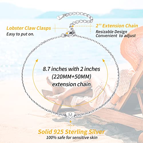 Chicsilver Personalized Heart Anklets For Women 925 Sterling Silver Initial Letter M Ankle Bracelet-Wear To Beach Wedding Or Party-Cute Durable Bare Foot Anklet 9 10 11 Inches Plus Size #TOP3