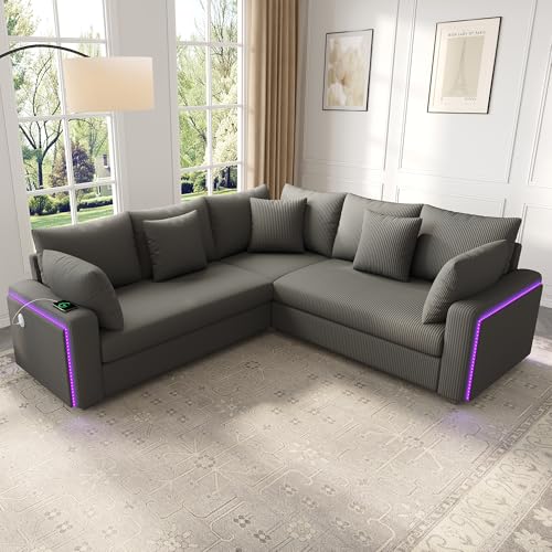Sapgaks Canapé d'angle en L avec lumière LED et Port USB, canapé d'angle Moderne 5 Places, avec Coussins Assortis, Canapé Multifonction, Tissu Velours côtelé,...
