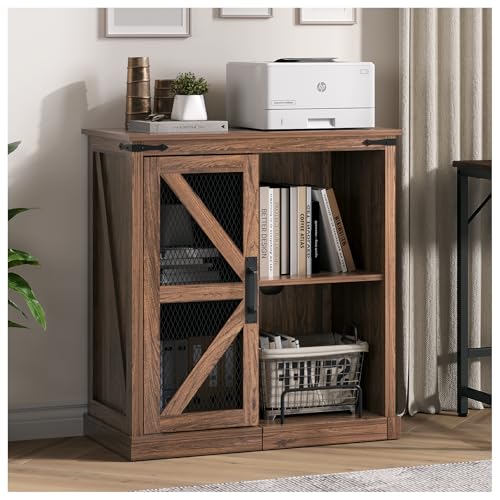JOINICE,Printer Stand with Storage,File Cabinet with Socket and USB Charging Port,Farmhouse Paper Shredder Stand Rack with Slide-Out Shelf,Walnut
