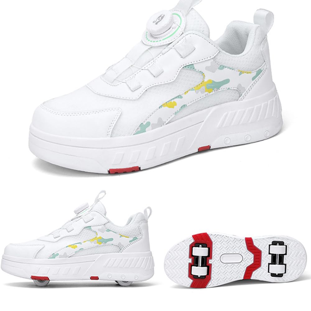 Hixingo Zapatillas con Ruedas Niña Niño, Zapatos con Dos Ruedas para Niñas 2 en 1 Zapatillas Patines Zapatillas Ruedas Niño, Camuflaje Zapatos Patines Calzado de Skateboarding Multifuncionales