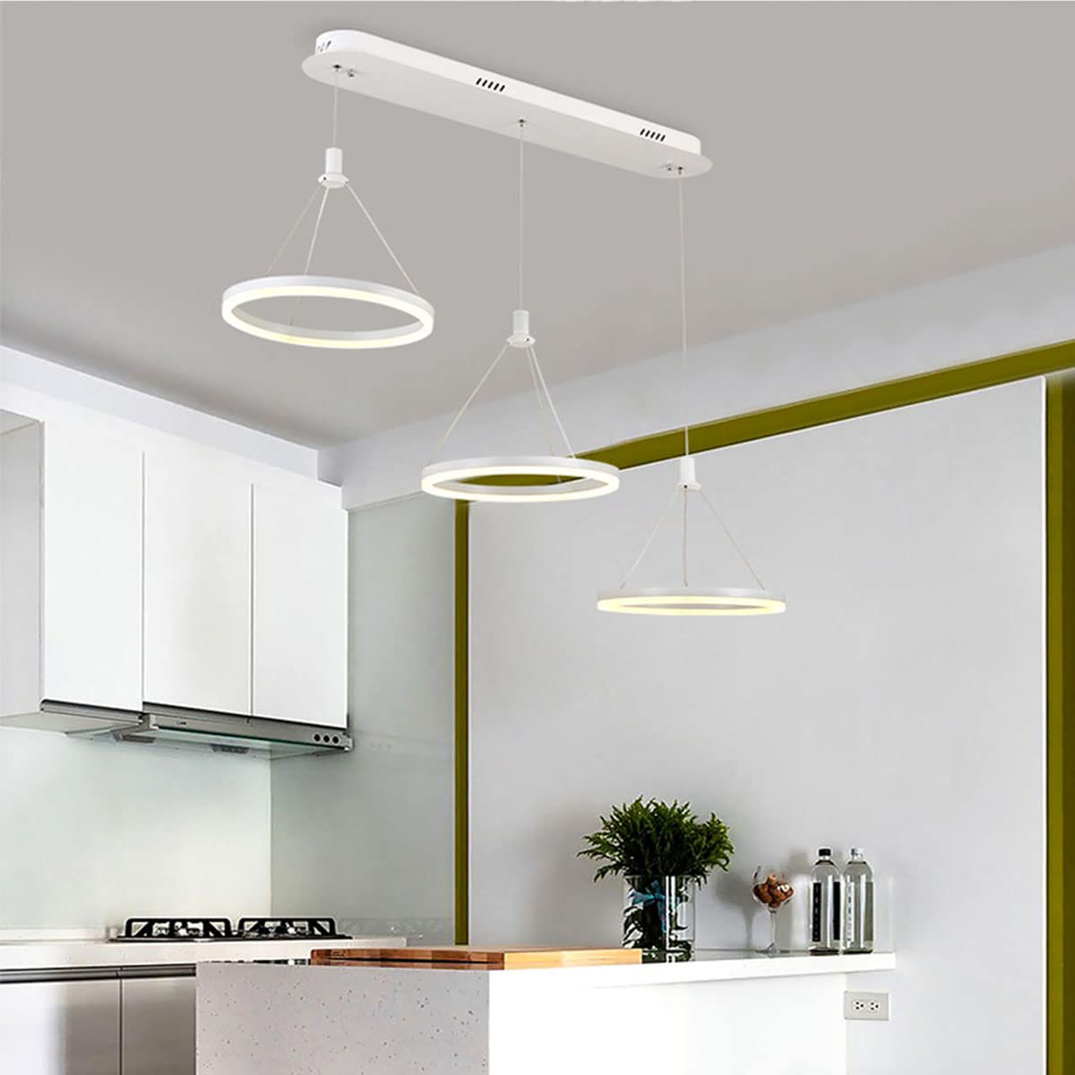 KXEcoLife Modern LED Pendant Lamp with Remote Control Dimmable Height Adjustable Chandelier for Dining Room and Kitchens White