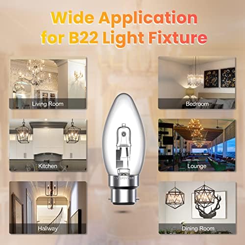 Bonlux 10-Pack BC B22 Halogen Light Bulbs Dimmable, C35 28W Bayonet Cap Light Bulbs B22 Candle Bulb Warm White 2700K, Clear Glass Halogen Candle Light Bulbs for Pendants, Wall Sconces, Chandelier