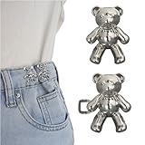 RichLuck Jeans Button, Adjustable Jean Button Pin, Detachable Decorative Waist Buckles, No Sewing Required, Perfect Fit Tighten Waist Adjustment Instant Button for Pants (Silver Bear) -2 Sets