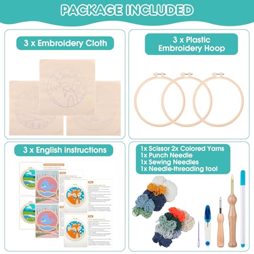 Image of Zuaooz 3 Sets Punch Needle Kits,Leaf Path Moon Punch Embroidery Kits for Adults Beginner, Tool with Punch Needle Fabric, Hoops, Yarns and Sewing Needles