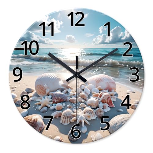 XNM Analog Glass Blue Beach Wall Clocks Battery Operated 12 Inch