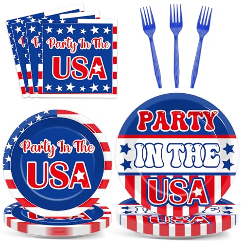 96Pcs Independence Day Paper Plates and Napkins 4th of July Party Supplies in the USA Red White Blue Star Disposable Tableware Set for 24 Guests American Flag Patriotic Memorial Day Decorations
