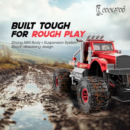 Image of Cockatoo Kids Monster Truck Remote Control Car Toy for Kids, RC Car 2WD, 2.4GHz Remote, Smooth Suspension, 10-15 km /h Speed, 1200mAh Rechargeable Battery, Racing Car, Indoor & Outdoor, Ages 4+, Red