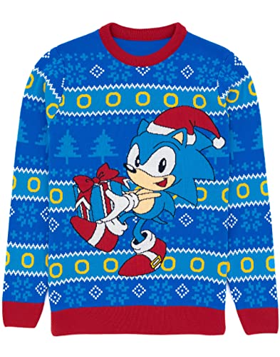 Pull Sonic pour Noël bleu vêtement homme et adulte idée cadeau idéale