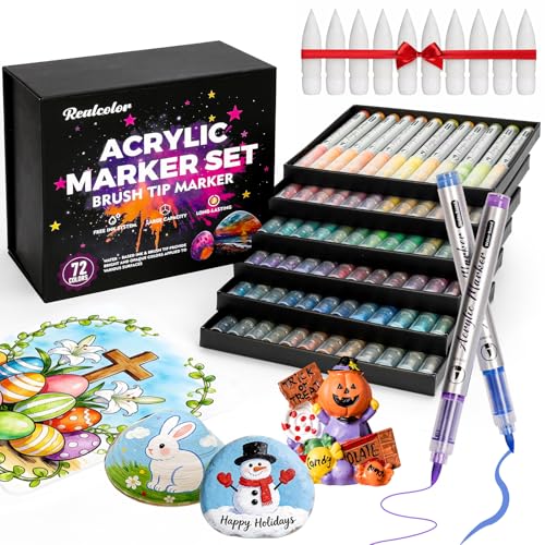 realcolor 72 Colors Acrylic Paint Markers, Soft Brush Tip Acrylic Paint Pens Paint Markers for Wood, Stone, Canvas, Glass, Fabric, Egg, Rock Painting, and DIY Crafts Non-Toxic, Art Supplies