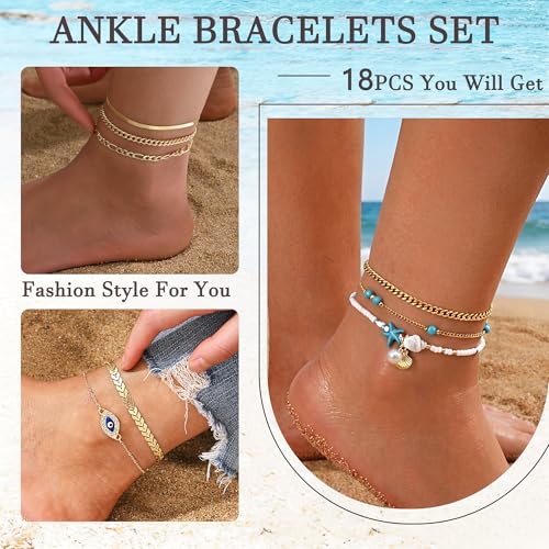 17KM 18PCS Gold Anklet Set for Women, Adjustable Layered Ankle Jewelry by 17KM - Used condition - Image 4