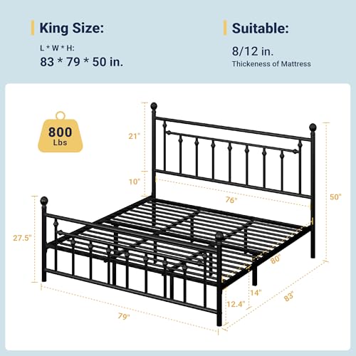 Image of Allewie 14'' King Size Metal Platform Bed Frame, Vintage Headboard, Black