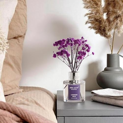 Image of Airkeep Reed Diffuser Set,1.69 fl oz (50 ml) - Lavender Field Oil Diffusers with 8 Reed Sticks,Home Fragrance Reed Diffuser for Bathroom Shelf Decor