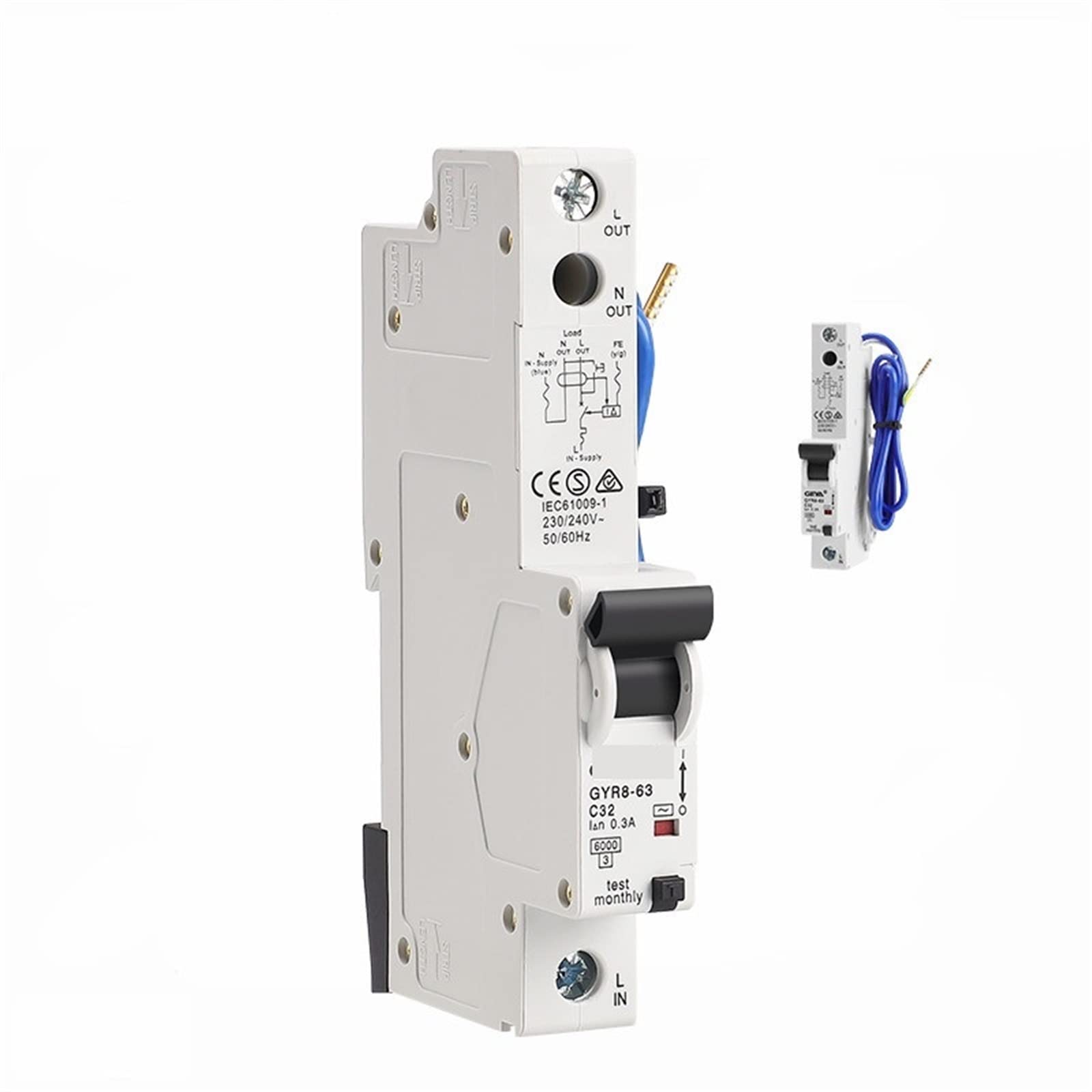 VSPPJYFG GYR8 Electronic Type RCBO 18mm 230V 1P+N 6KA Residual Current Circuit Breaker with Over Current Potection 32A 10mA 30mA 1Pcs(10mA,32A)