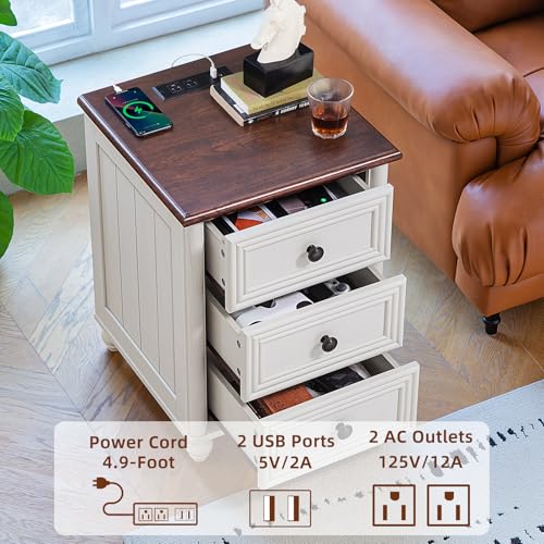 18" Farmhouse Night Stand Set 2 with Charger Station, White 2 & 3 Drawers Wood Nightstand, Bedside End Table with Storage and Roman Column, Bed Side Tables Cabinet for Bedroom, Living Room, and Closet