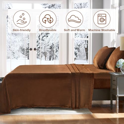 Image of Viviland Microfleece Full Bed Sheet Set, Brown | Soft Flannel-like Fleece, 100% Polyester, Fluffy Velvety Feel, 200GSM, 15 inch Deep Pocket, Warm Winter Gift & Decor