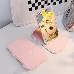 Espelhos de maquiagem dobráveis, espelho portátil de poliuretano portátil com suporte ajustável, espelho de bolso compacto ultrafino espelhos de viagem dobráveis para bolsa (rosa, 7 x 10,5 cm)