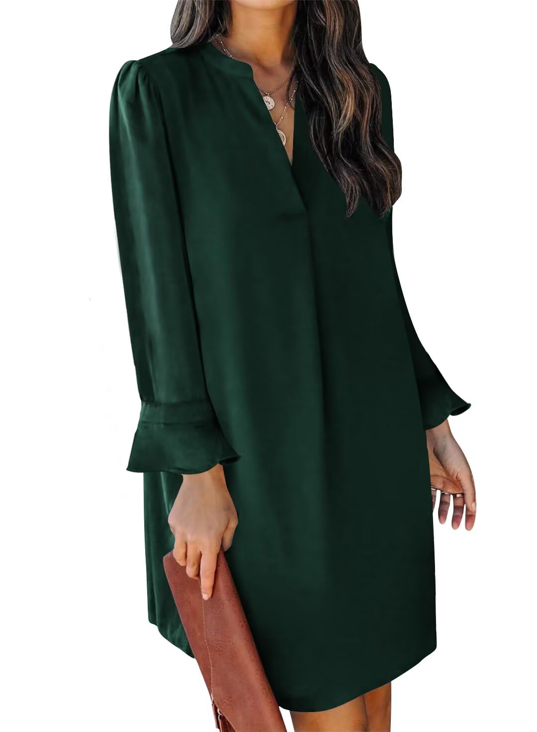 QACOHU Women's Fall Long Ruffle Sleeve V Neck Shift Dresses