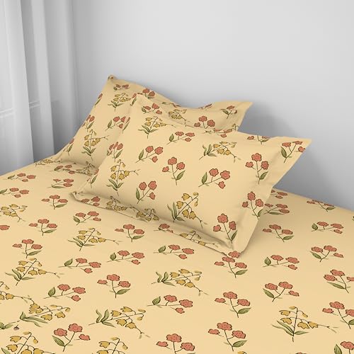 Image of Welspun ENZO Queen Size Fitted Bedsheet with 2 Pillow Covers | 360 Elastic | 100% Pure Cotton | 60 x 78 Inches | Soft, Breathable, Lightweight & Easy Care | Beige