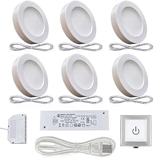 VST Under Cabinet Lights Plug in with Wired Touch Dimmer Switch,Recessed or Surface Mount,Natural White 3000K 12V 2W(12W Total, 60W Equivalent),6 Pack White Puck Lights Fixtures