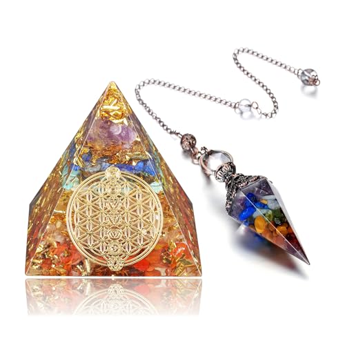 Orgonit-Pyramide mit 7 Chakra Heilsteinen und Pendel Set