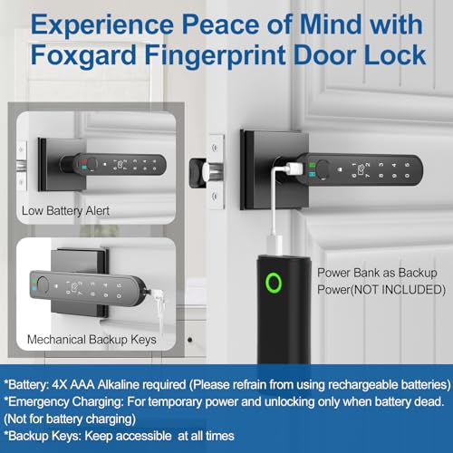Foxgard Smart Fingerprint Door Lock:Fingerprint Door Knob-Biometric 5-in-1 Finger Print Door Lock-Thumb Print Door Knob for Bedroom-APP Control-Easy Installation–Square Black–1 Pack by Foxgard - Image 5