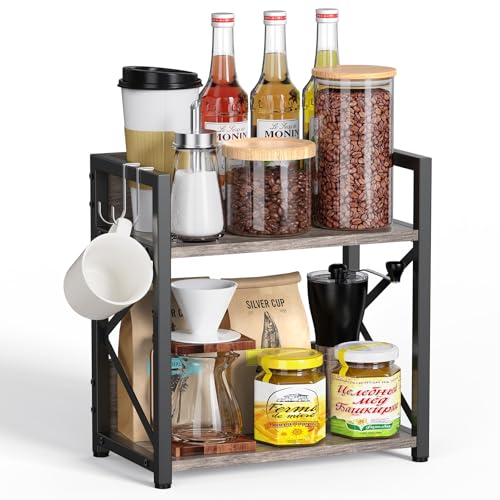 Kitchen Countertop Organizer, Coffee Bar Station Organizer for Countertop, 2 Tiers Kitchen Counter Shelf, Wooden Spice Rack Organizer, Space Saving Desk Shelving Riser Unit