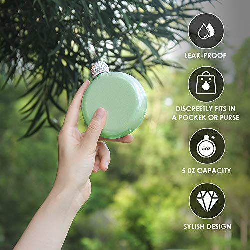 Round Hip Flask For Lady With Rhinestone Cap, Lovely Drink Flasks,Glitter Coating,Portable Whiskey Flask For Club Party And Evening,Capacity 5 Oz (Green) #TOP6
