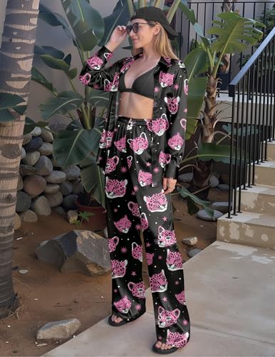 Image of Ekouaer Womens Satin Silky Pajama Set 2 Piece Print PJs Soft Loungewear Button Down Sleepwear with Elastic Waist Long Pants