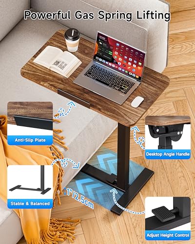 Image of BIZUM Mobile Standing Desk Laptop Desk Pneumatic with Wheels 180 Tilt Top Hospital Bed Table Portable Rolling Cart Foldable Bedside Table for Hospital&Home Use, Walnut