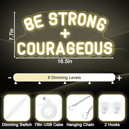 Image of Be Strong and Courageous Neon Sign Dimmable Neon Signs for Wall Decor Positive Affirmations LED Signs USB Light Up Sign for Boy Girl Room Playroom Nursery Wall Decor Bedroom Christian Wall Art