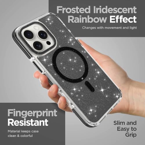 Image of Magnetic Case for iPhone 16 Pro Max [Compatible with Magsafe] [Bling Glitter Fluorescent Design] [1 Screen Protector] Slim Translucent Matte Case for iPhone 16 Pro Max 6.9 inch 2024, Black