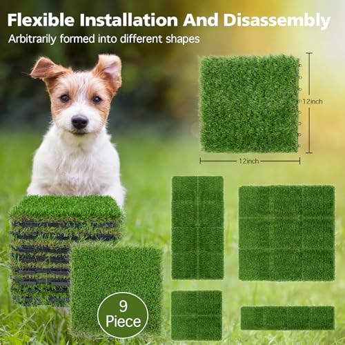 XLX TURF Interlocking Fake Grass Tiles for Dogs - Square Artificial Grass Mats with Drainage for Patio, Balcony, Pets & Home Decor, 9 Pack
