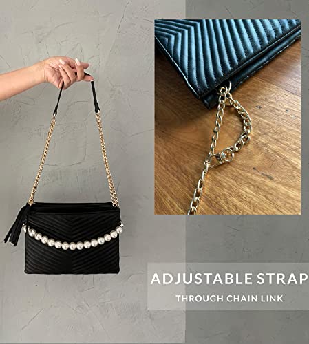 Before & Ever Black Wristlet Clutch Purses For Women - Large Evening Clutch Bag With White Pearls - Small Black Quilted Crossbody Wallet Purse Pouch - Gold Chain Chevron Wedding Cross Body Handbags #TOP5