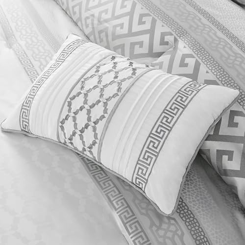 Madison Park Luxury Comforter Set-Traditional Jacquard Design All Season Down Alternative Bedding, Matching Bedskirt, Decorative Pillows, Queen(90"x90"), Bennett, Geometric Grey 7 Piece by Madison Park - Image 4