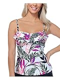 Island Escape Women's White Tropical Print Stretch Removable Cups Convertible Sweetheart Neck Aloha Palms Tankini Swimsuit Top 6
