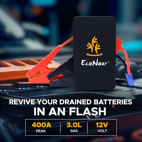 Image of EcoNour 400A Peak Jump Starter, 5400mAh Battery for 3.0L Gas Engines, 5V /2A USB Output, Includes Jump Clamp, 4-in-1 USB Cable, Home Adapter, and Bag | Compact & Lightweight | Black