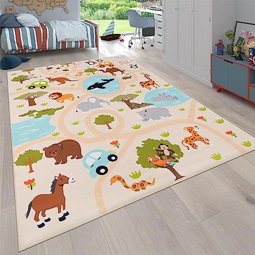 Paco Home Tapis Chambre Enfant Bebe Fille Garcon Jungle Singe Motif Lion Antidérapant Moderne Crème Vert Jaune, Dimension:80x150 cm