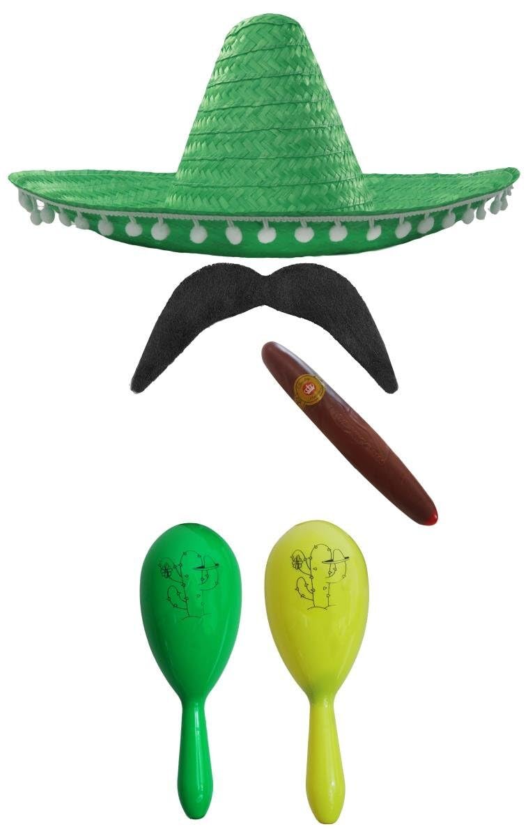 MEXICAN FANCY DRESS ACCESSORY SET. MEXICAN SOMBRERO + MARACAS + TASH. PERFECT FOR MEXICAN FANCY DRESS COSTUMES SENORITA BANDIT MARIACHI (GREEN POM POM SOMBRERO + GREEN AND YELLOW MARACAS)