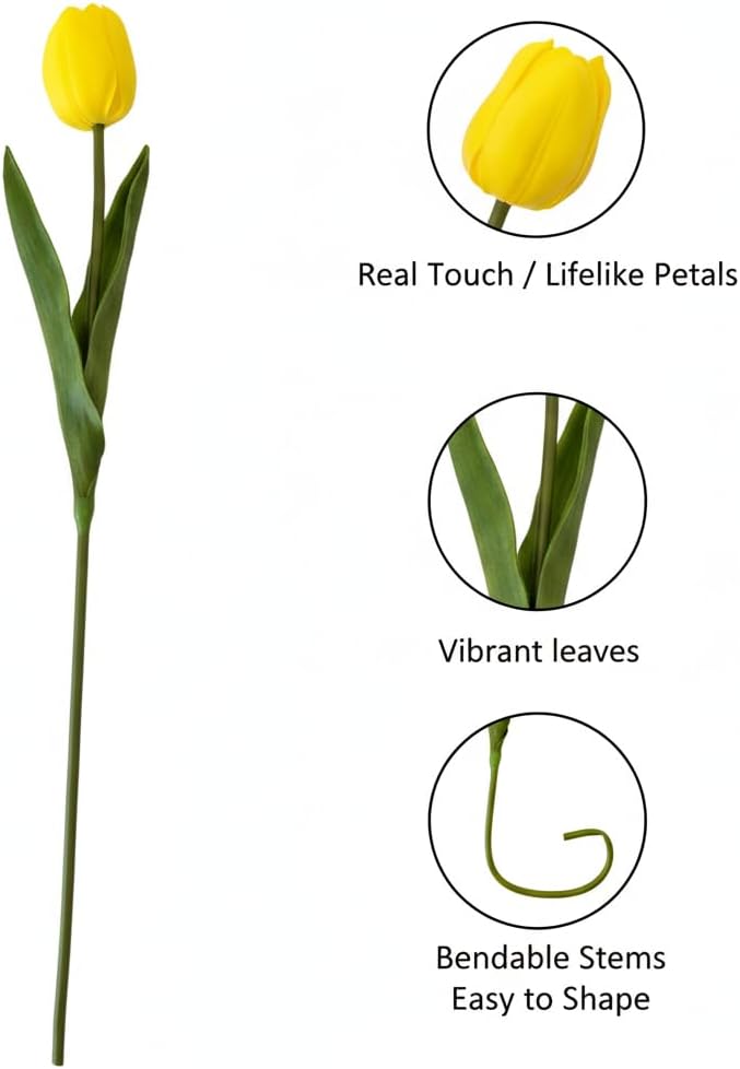 Floral Kingdom Artificial Tulip Flowers 8 Pack 19" Yellow Real Touch Latex Faux Tulips for Home Decor, Dining Table Centerpieces, Mother's Day Decor, Wedding Decoration