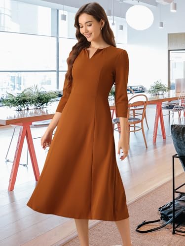Image of Allegra K Womens 3 /4 Sleeve A-Line Business Work Formal Midi Dress | Elegant Dresses with Pockets, V Neck, Cockatail Party Church Funeral Outfits, Spring Fall Winter