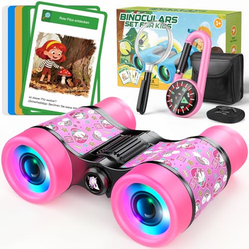 Fernglas für Kinder Entdecker Set inklusive Kinderlupe & Kompass & Entdeckerkarten - Einhorn Geschenke für Mädchen 3-8 Jahre - Outdoor Spiele für Kinder, Natur Entdecken Spielzeug ab 3 4 5 6 7 Jahre