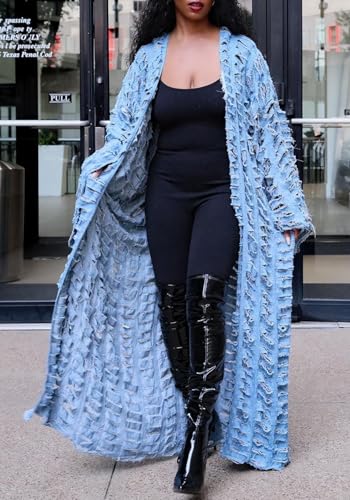 LETSVDO Women's Ripped Denim Duster Kimono Cardigan Oversized Distressed Hollow Out Open Front Long Jean Jacket Coat3