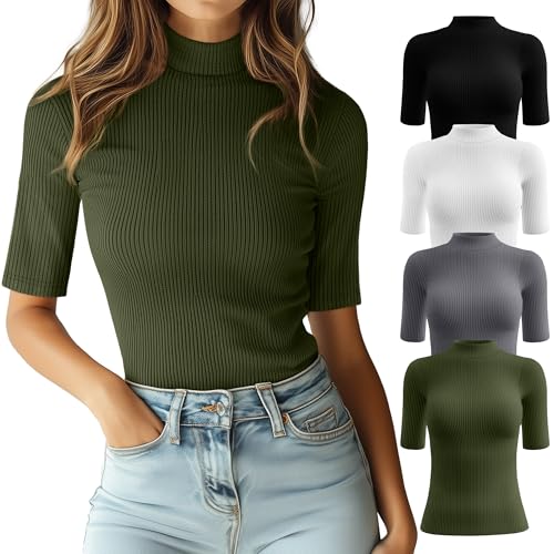 Huukeay 4 Pack 1/2 Half Sleeve Mock Turtleneck Tops for Women, Ribbed Knit Fitted T-Shirts Mock Neck Business Casual Slim Tee